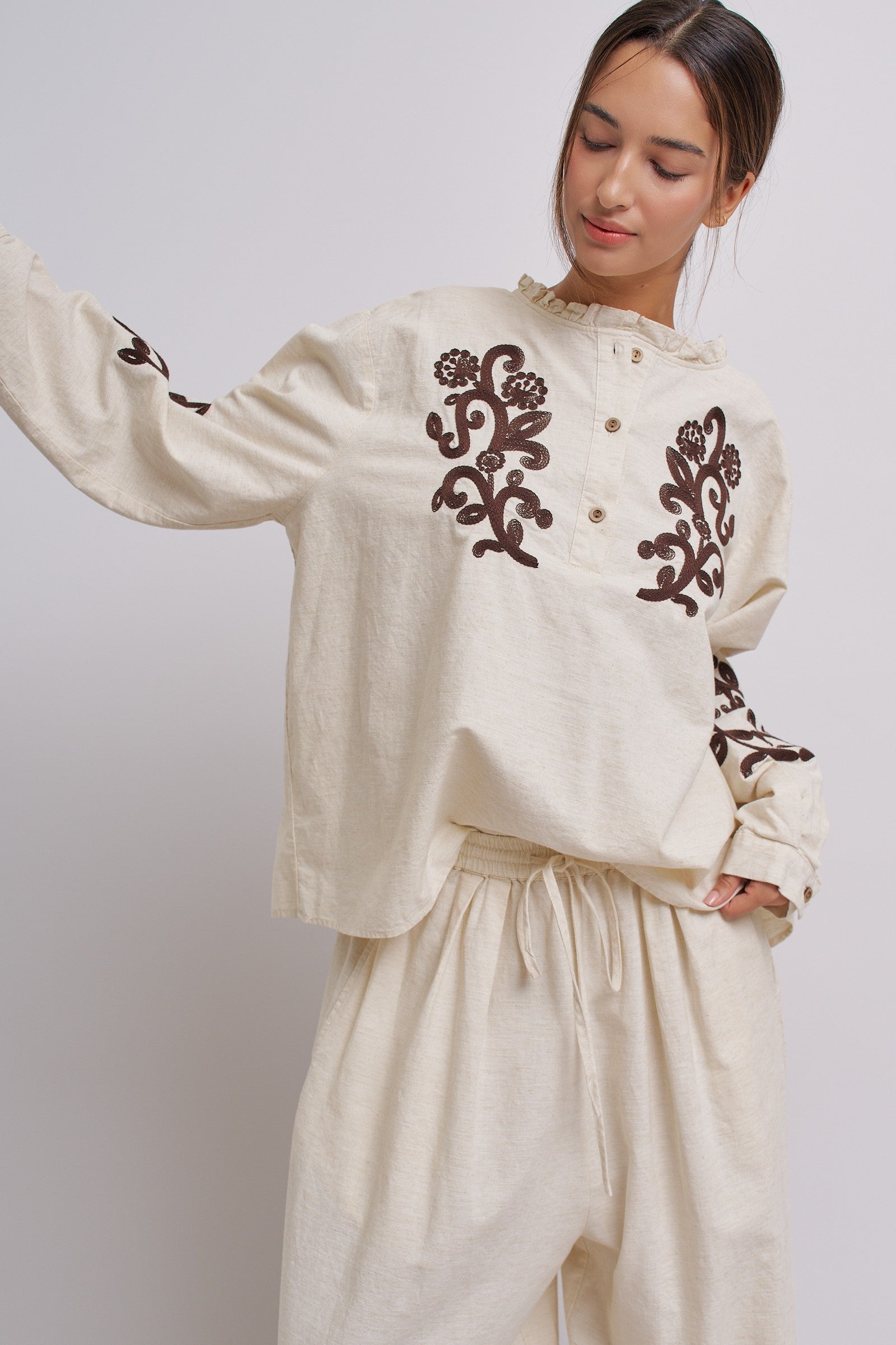 Embroidered Cotton Linen Blouse With Ruffle Collar in Linen - Women's Tops | Urban Daizy