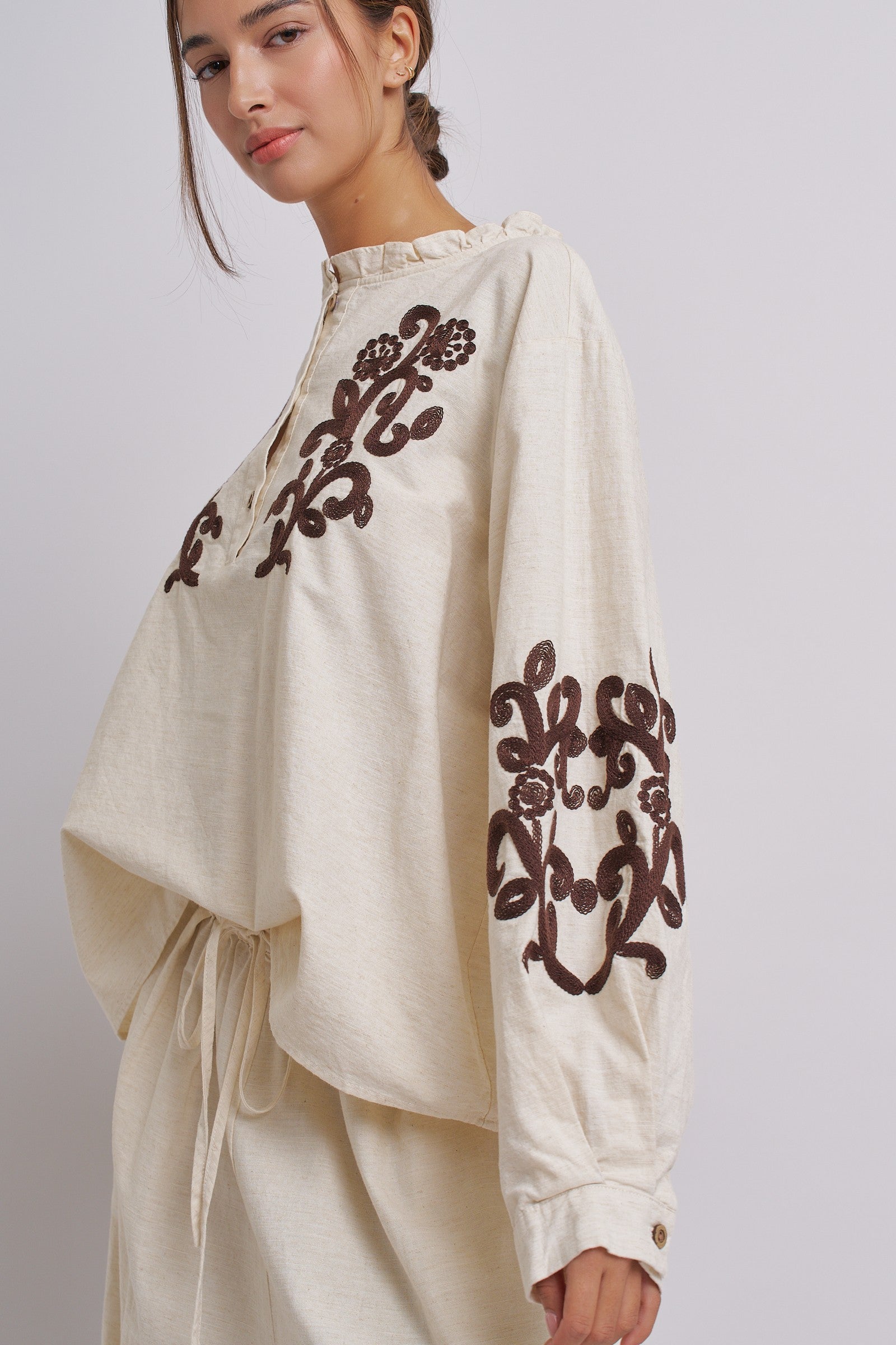 Embroidered Cotton Linen Blouse With Ruffle Collar in Linen - Women's Tops | Urban Daizy