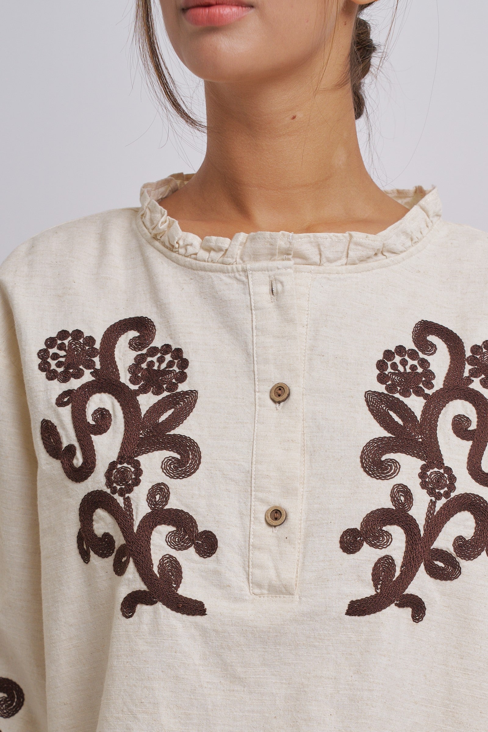 Embroidered Cotton Linen Blouse With Ruffle Collar in Linen - Women's Tops | Urban Daizy