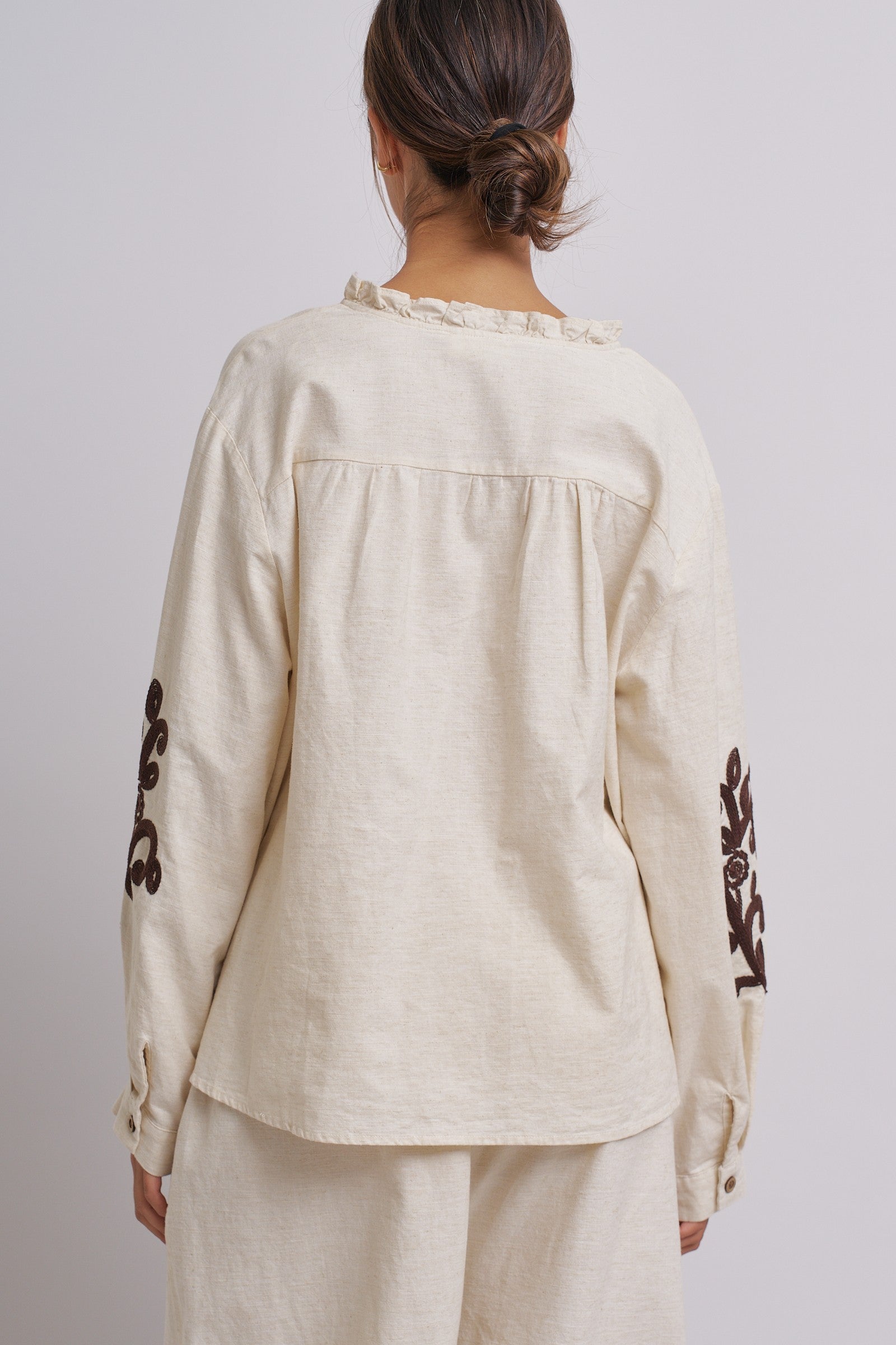 Embroidered Cotton Linen Blouse With Ruffle Collar in Linen - Women's Tops | Urban Daizy