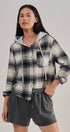 Hooded Plaid Flannel Shacket With French Terry Hood in Black - Women's Shirts & Blouses | Urban Daizy