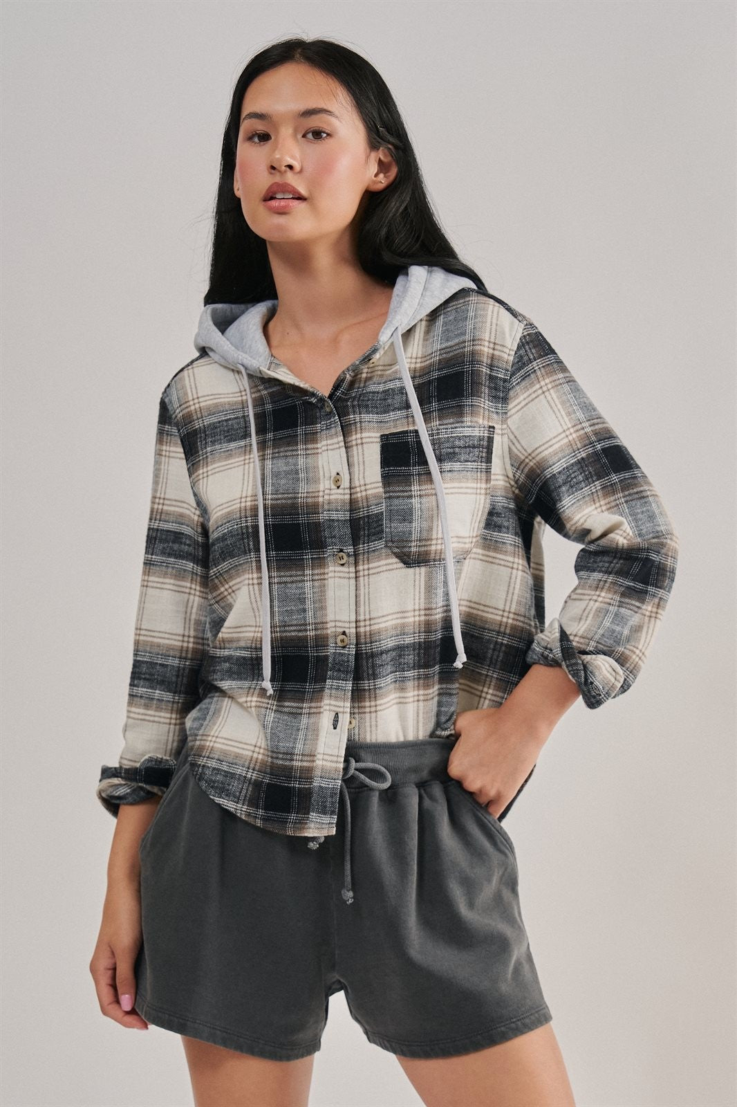 Hooded Plaid Flannel Shacket With French Terry Hood in Black - Women's Shirts & Blouses | Urban Daizy