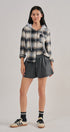 Hooded Plaid Flannel Shacket With French Terry Hood in Black - Women's Shirts & Blouses | Urban Daizy
