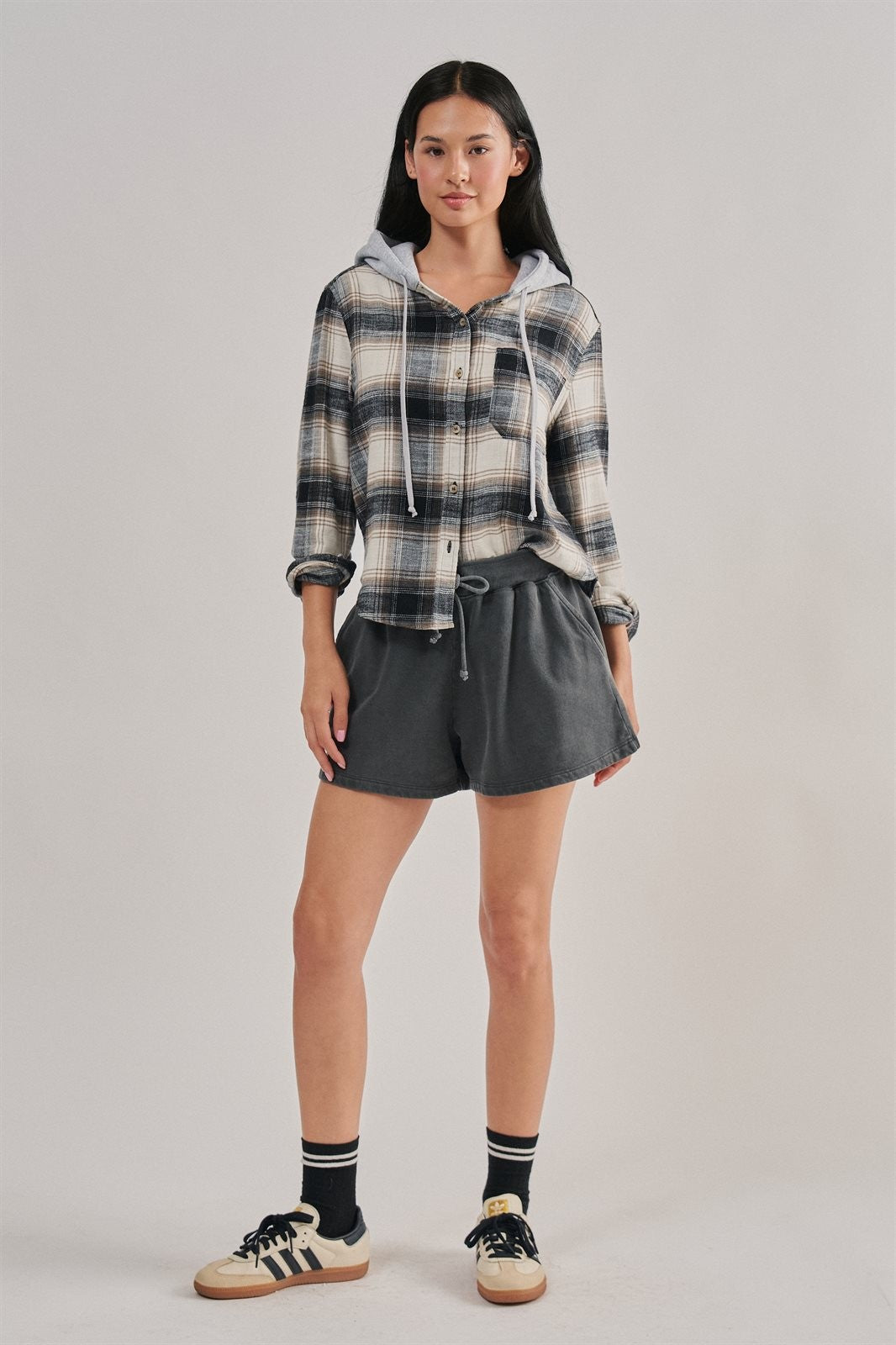 Hooded Plaid Flannel Shacket With French Terry Hood in Black - Women's Shirts & Blouses | Urban Daizy