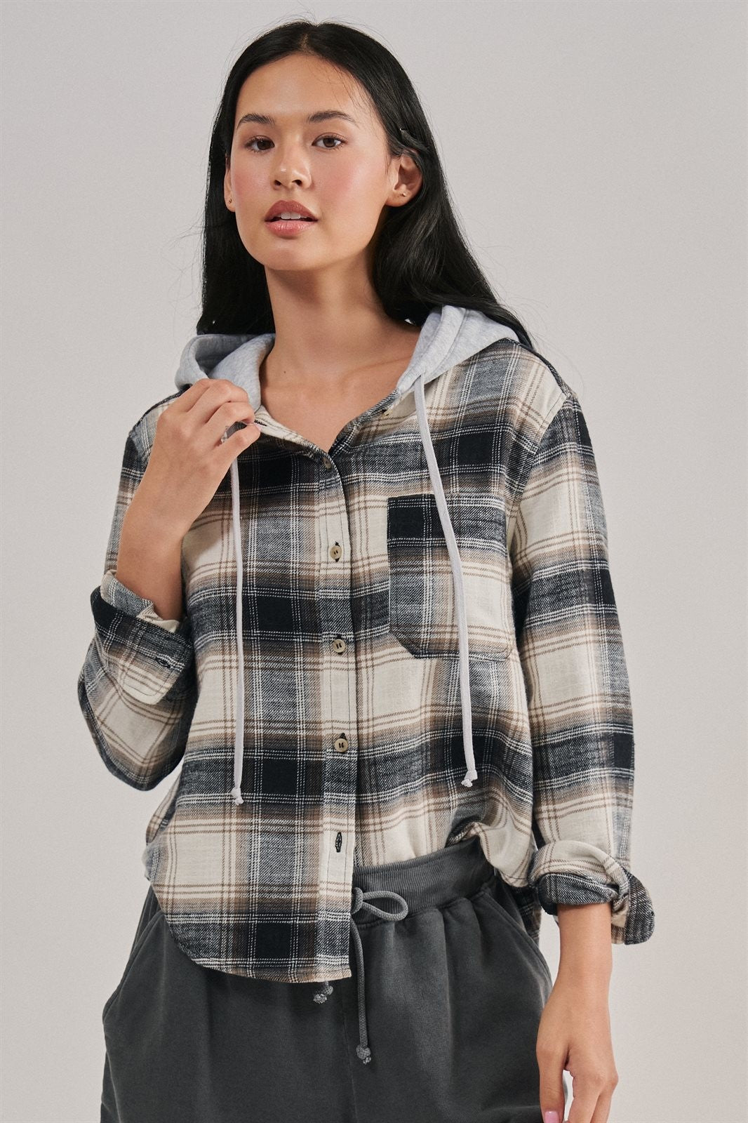 Hooded Plaid Flannel Shacket With French Terry Hood in Black - Women's Shirts & Blouses | Urban Daizy