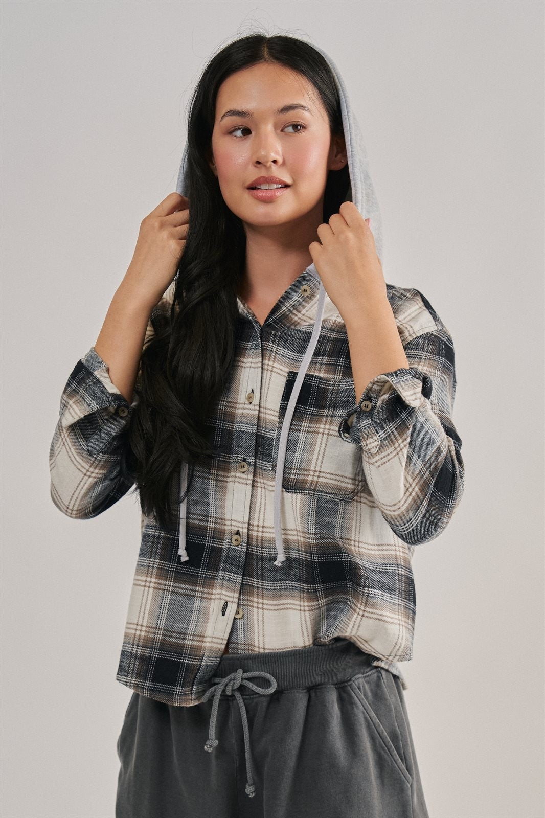 Hooded Plaid Flannel Shacket With French Terry Hood in Black - Women's Shirts & Blouses | Urban Daizy