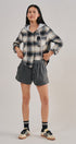 Hooded Plaid Flannel Shacket With French Terry Hood in Black - Women's Shirts & Blouses | Urban Daizy