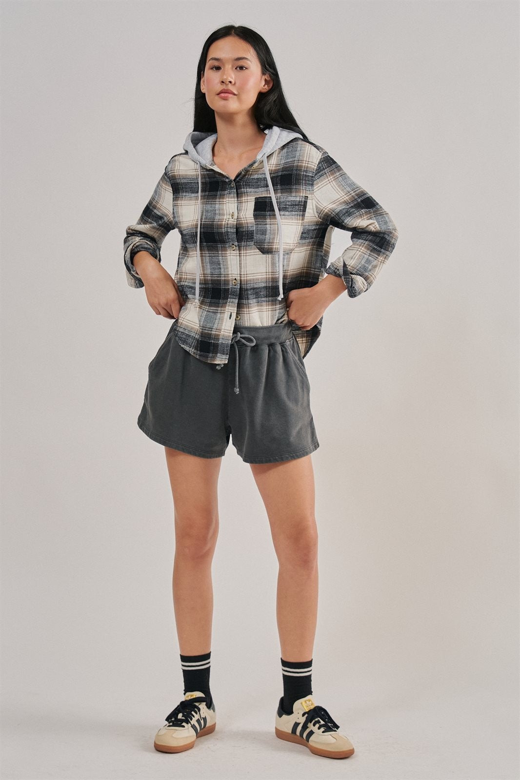 Hooded Plaid Flannel Shacket With French Terry Hood in Black - Women's Shirts & Blouses | Urban Daizy