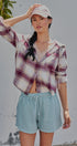 Hooded Plaid Flannel Shacket With French Terry Hood in Burgundy - Women's Shirts & Blouses | Urban Daizy