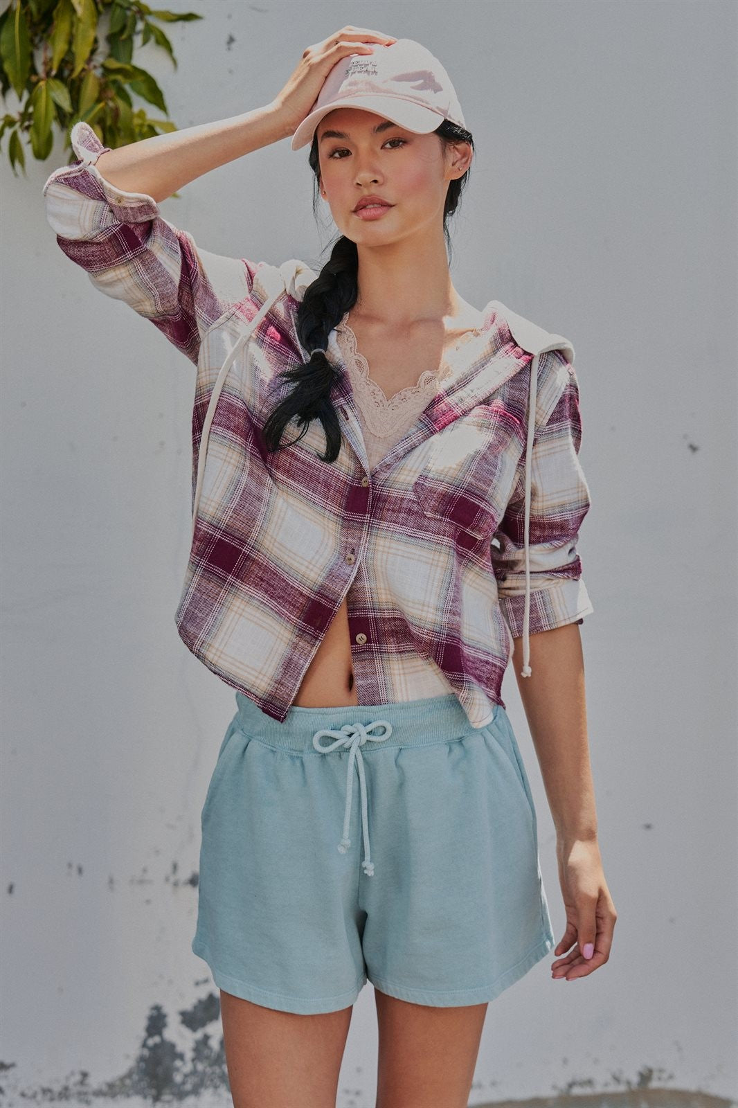 Hooded Plaid Flannel Shacket With French Terry Hood in Burgundy - Women's Shirts & Blouses | Urban Daizy