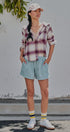 Hooded Plaid Flannel Shacket With French Terry Hood in Burgundy - Women's Shirts & Blouses | Urban Daizy