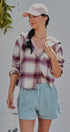 Hooded Plaid Flannel Shacket With French Terry Hood in Burgundy - Women's Shirts & Blouses | Urban Daizy