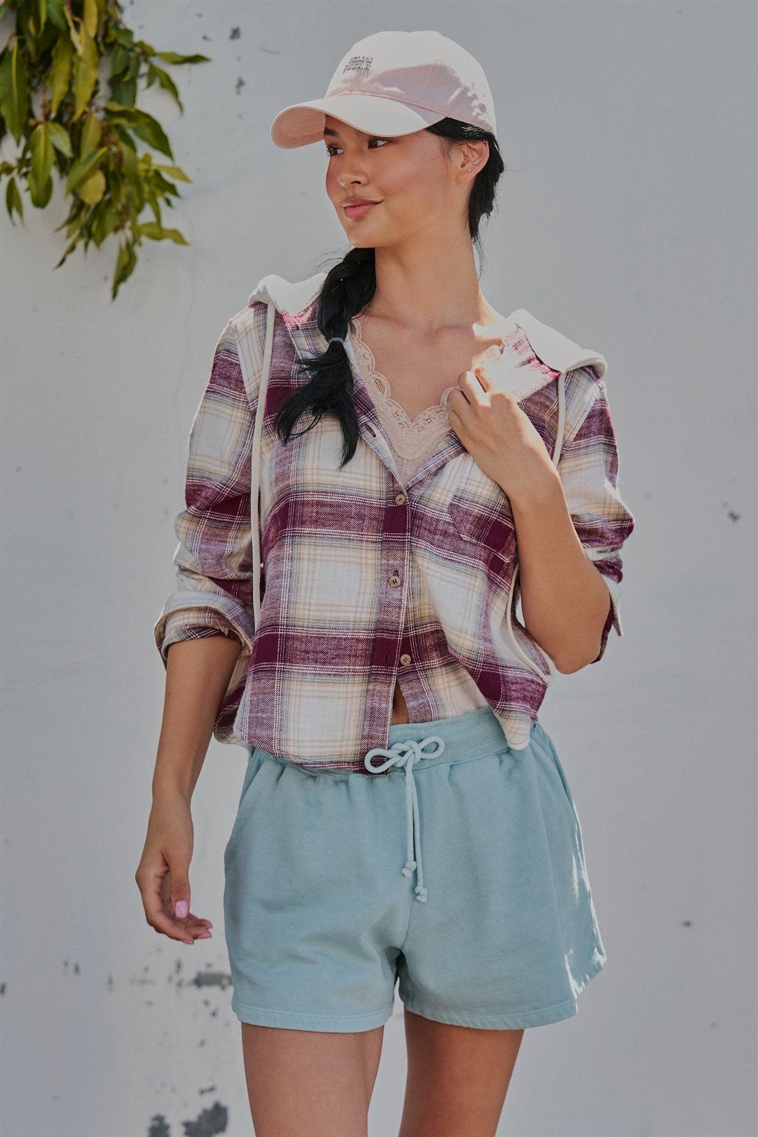 Hooded Plaid Flannel Shacket With French Terry Hood in Burgundy - Women's Shirts & Blouses | Urban Daizy