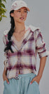 Hooded Plaid Flannel Shacket With French Terry Hood in Burgundy - Women's Shirts & Blouses | Urban Daizy