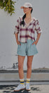 Hooded Plaid Flannel Shacket With French Terry Hood in Burgundy - Women's Shirts & Blouses | Urban Daizy