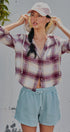 Hooded Plaid Flannel Shacket With French Terry Hood in Burgundy - Women's Shirts & Blouses | Urban Daizy