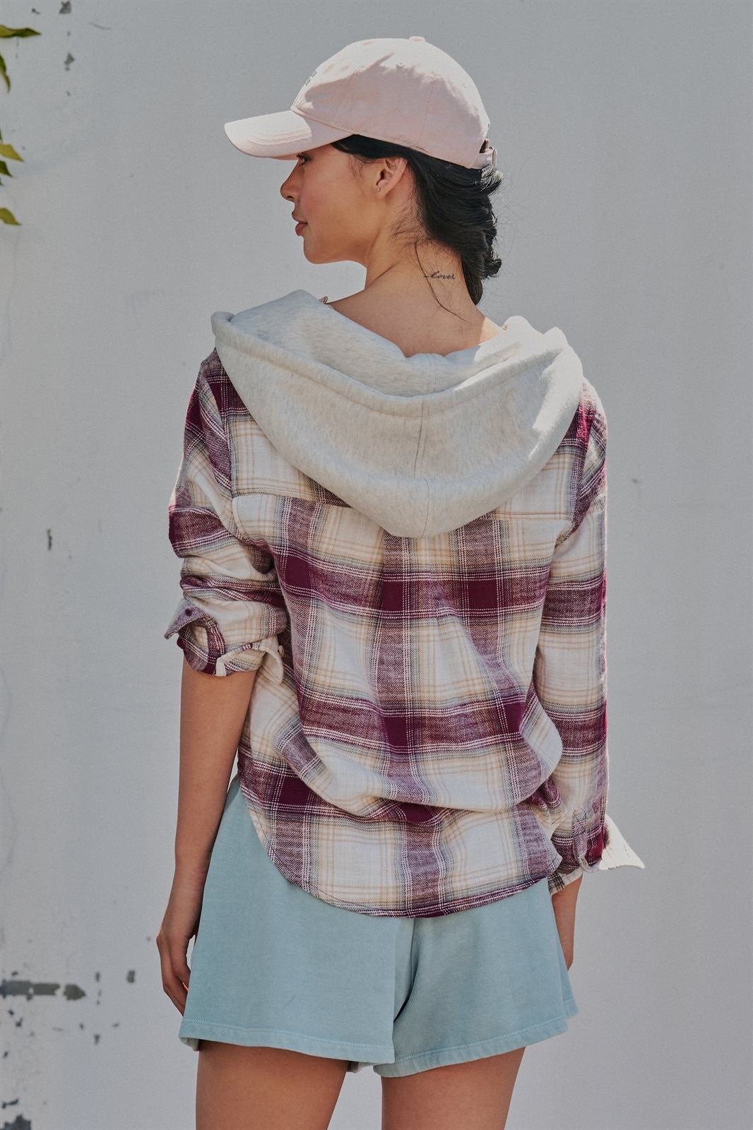 Hooded Plaid Flannel Shacket With French Terry Hood in Burgundy - Women's Shirts & Blouses | Urban Daizy