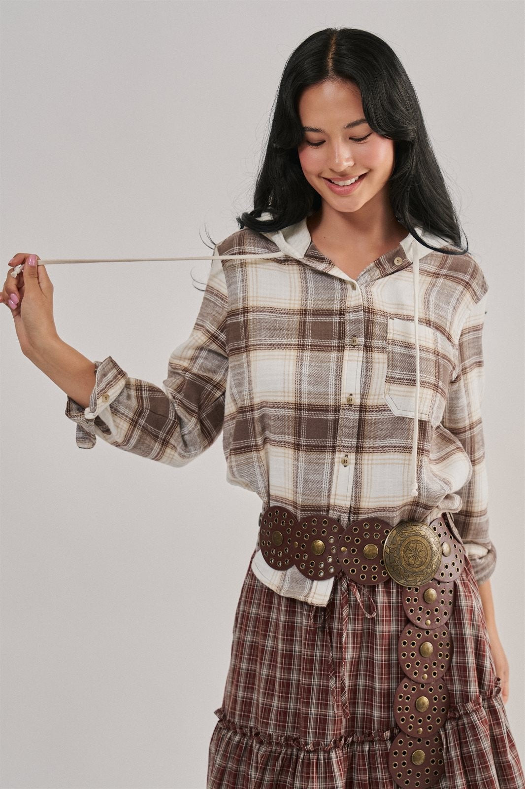 Hooded Plaid Flannel Shacket With French Terry Hood in Cocoa - Women's Shirts & Blouses | Urban Daizy