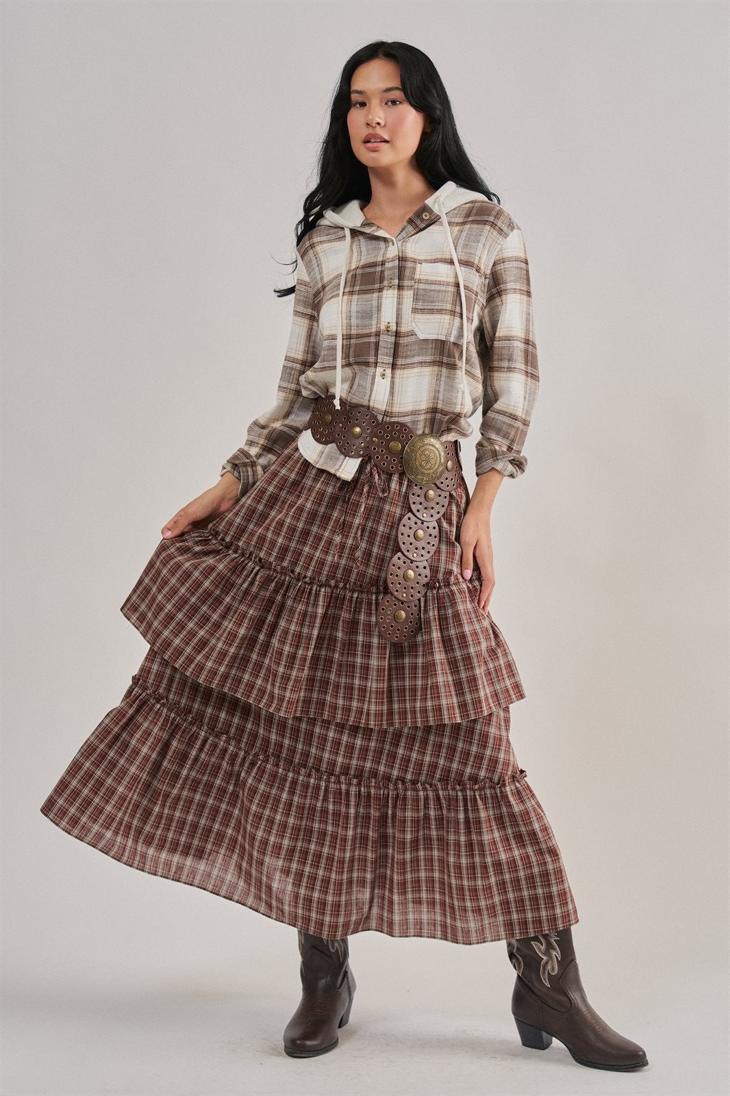 Hooded Plaid Flannel Shacket With French Terry Hood in Cocoa - Women's Shirts & Blouses | Urban Daizy
