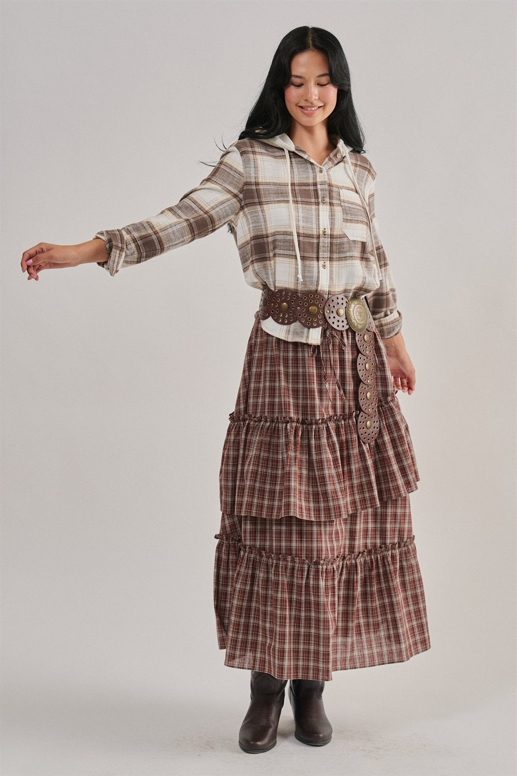 Hooded Plaid Flannel Shacket With French Terry Hood in Cocoa - Women's Shirts & Blouses | Urban Daizy
