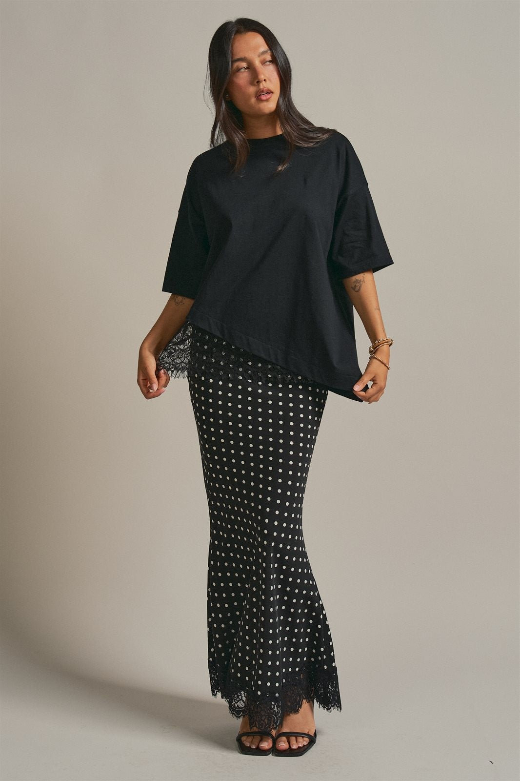 Oversized Cotton Tee with Asymmetric Lace Hem in Black - Women's Fashion | Urban Daizy