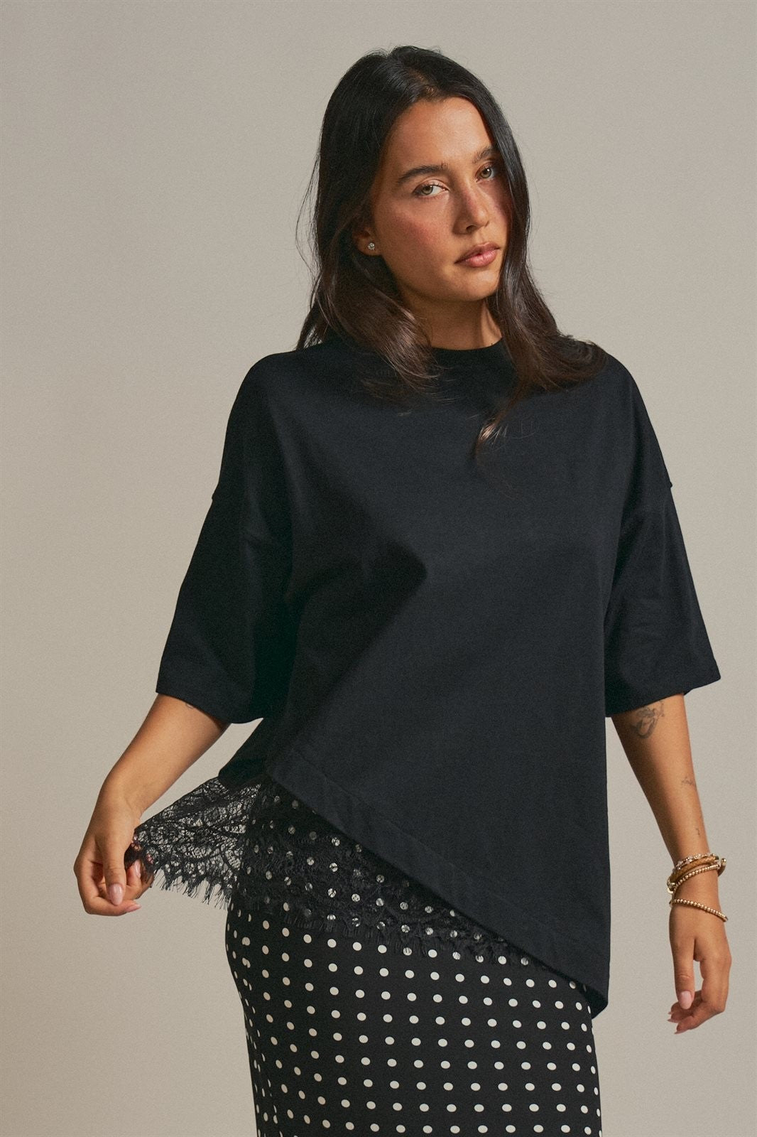 Oversized Cotton Tee with Asymmetric Lace Hem in Black - Women's Fashion | Urban Daizy