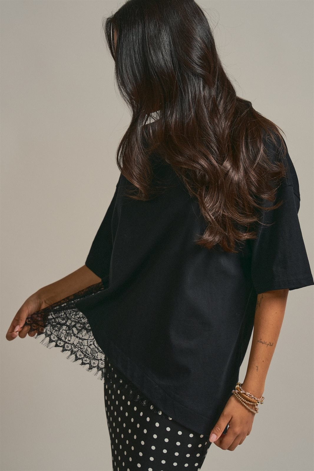 Oversized Cotton Tee with Asymmetric Lace Hem in Black - Women's Fashion | Urban Daizy