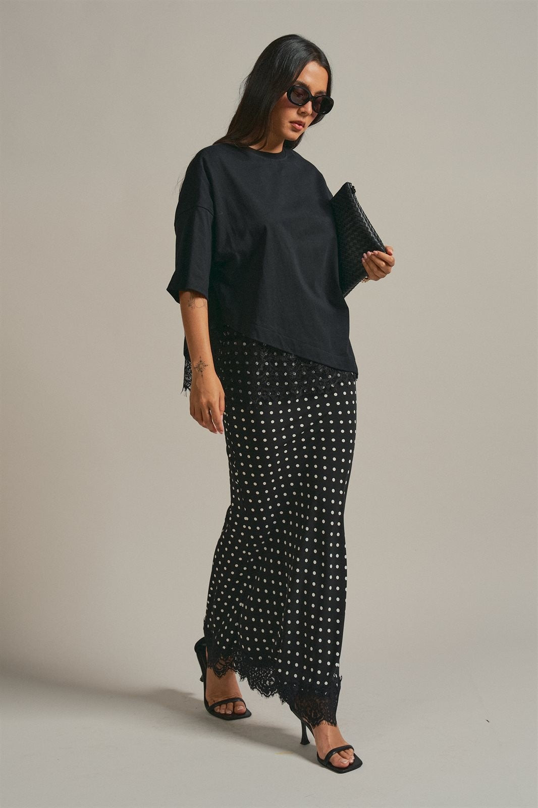 Oversized Cotton Tee with Asymmetric Lace Hem in Black - Women's Fashion | Urban Daizy
