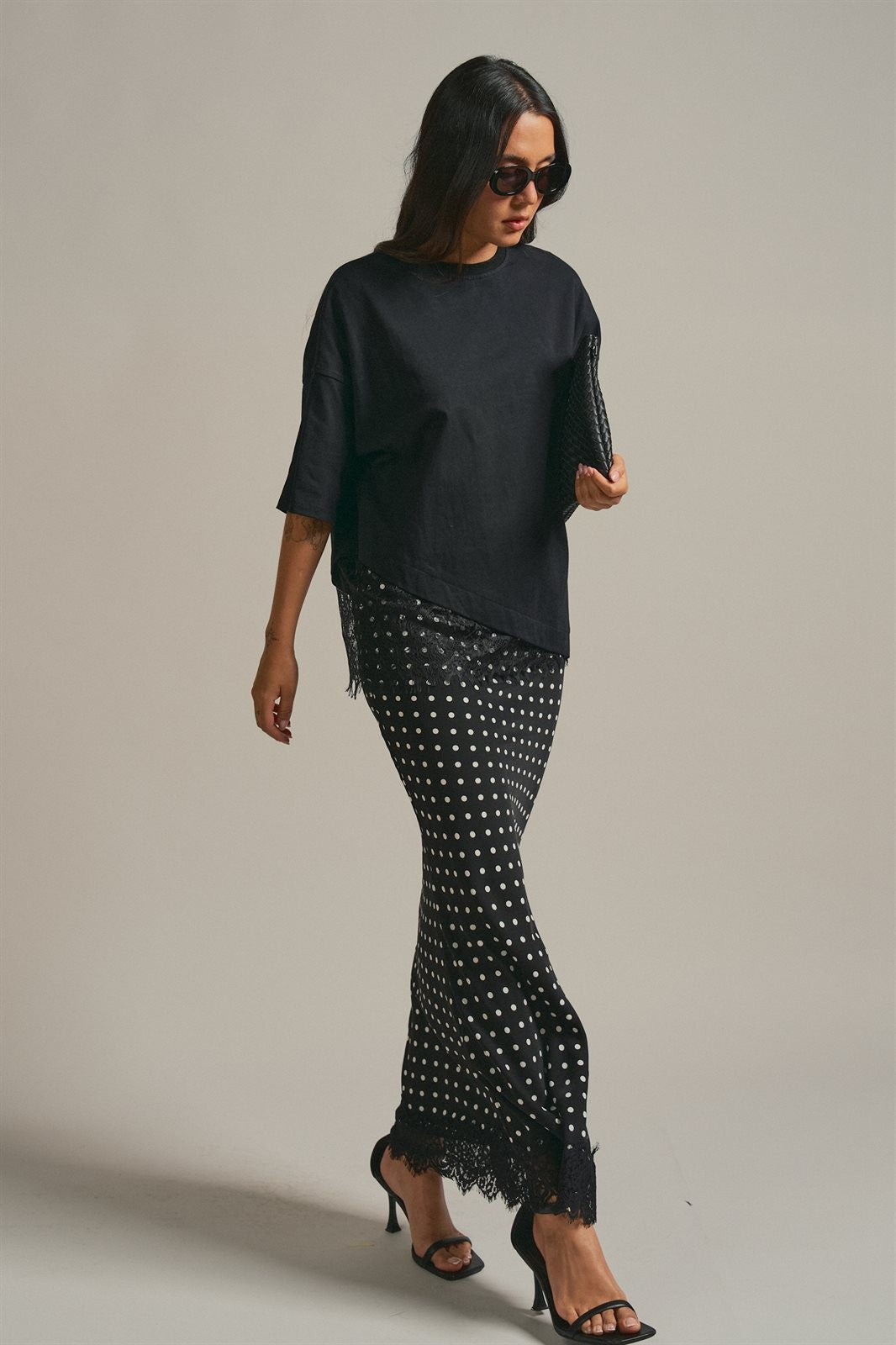 Oversized Cotton Tee with Asymmetric Lace Hem in Black - Women's Fashion | Urban Daizy