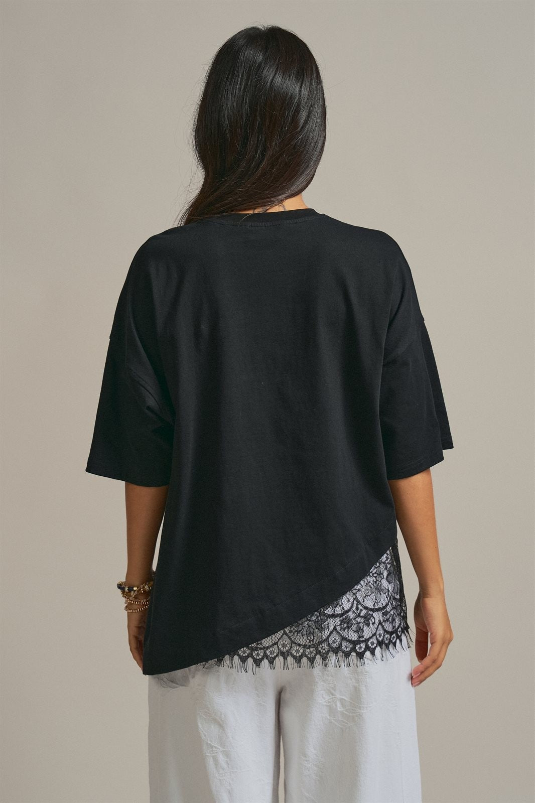 Oversized Cotton Tee with Asymmetric Lace Hem in Black - Women's Fashion | Urban Daizy