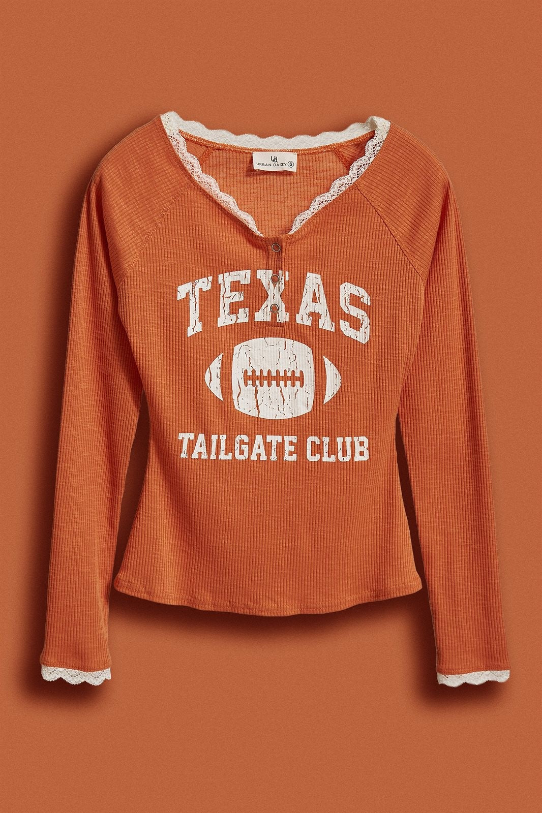 Texas Tailgate Ribbed Lace Trim Henley Top in Burnt Orange - Women's Fashion | Urban Daizy