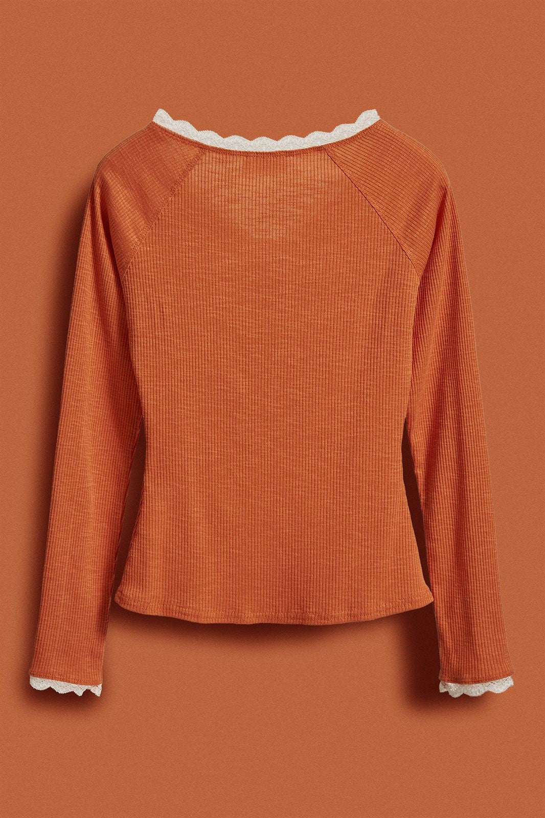 Texas Tailgate Ribbed Lace Trim Henley Top in Burnt Orange - Women's Fashion | Urban Daizy
