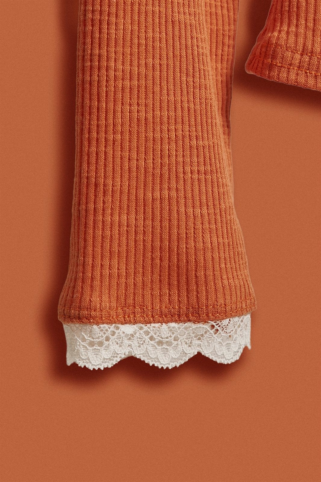 Texas Tailgate Ribbed Lace Trim Henley Top in Burnt Orange - Women's Fashion | Urban Daizy