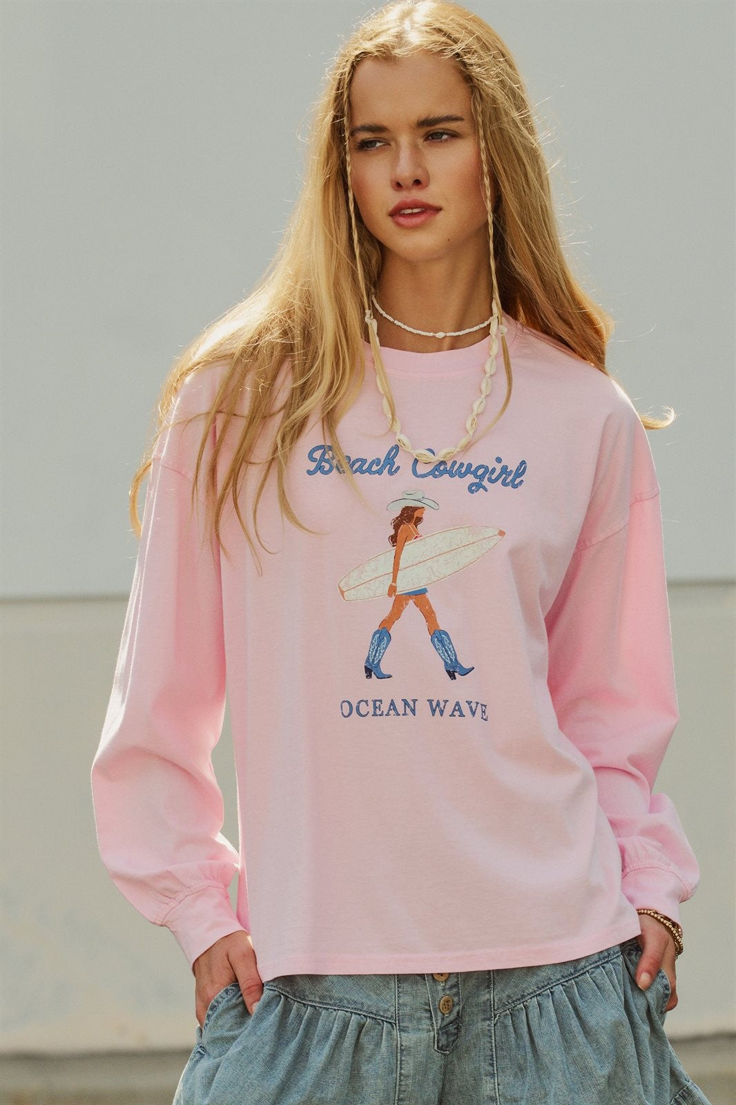 Beach Cowgirl Graphic Long Sleeve Cotton Tee in Lt Pink - Women's Fashion | Urban Daizy