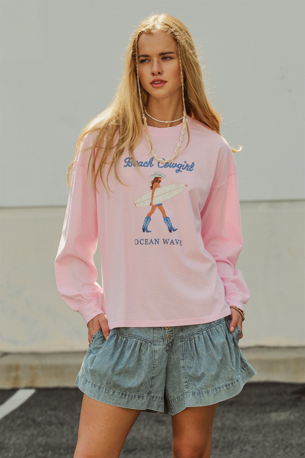 Beach Cowgirl Graphic Long Sleeve Cotton Tee in Lt Pink - Women's Fashion | Urban Daizy