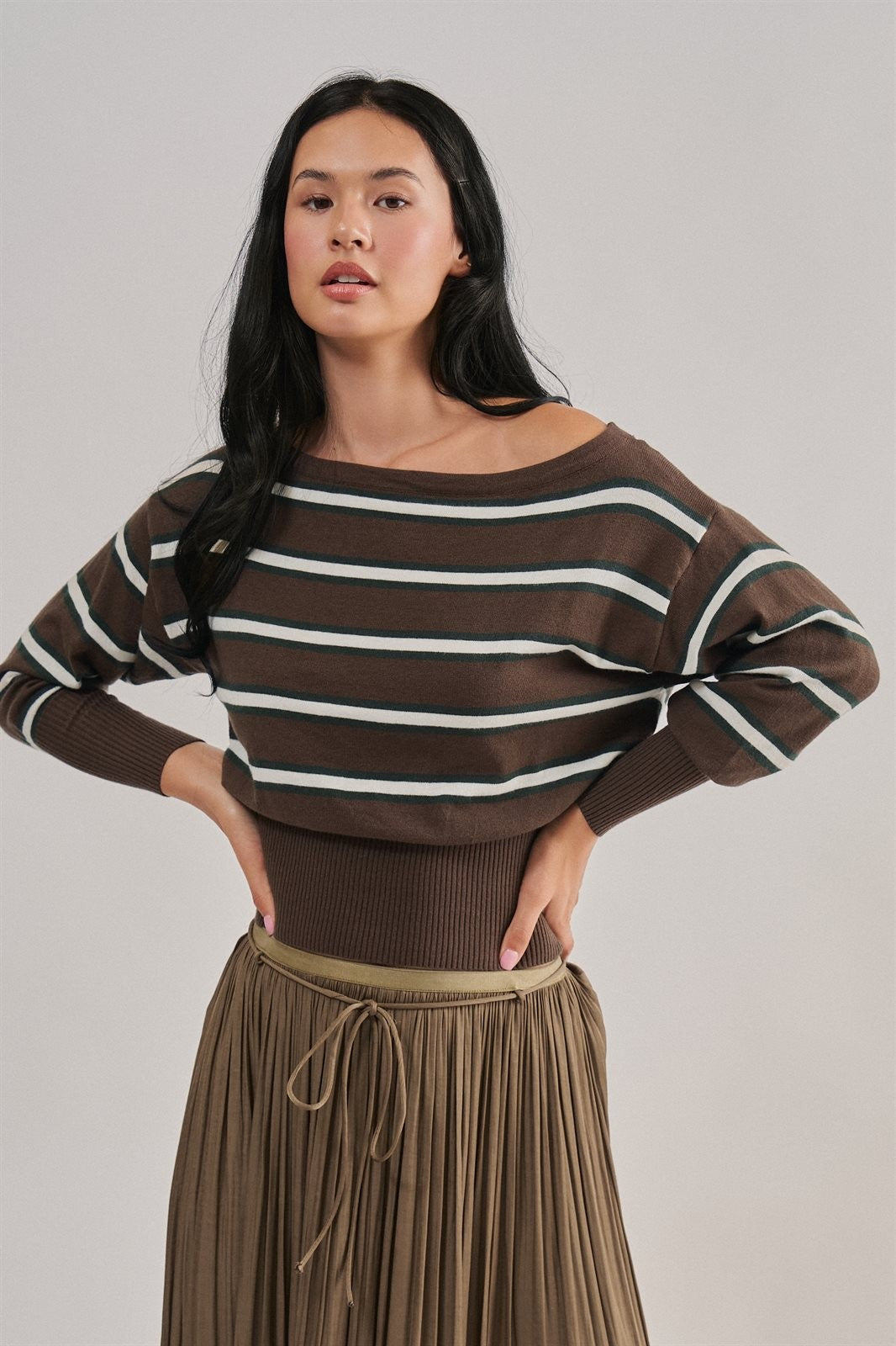 Striped Boat Neck Dolman Sleeve Knit Top in Brown - Women's Sweaters | Urban Daizy