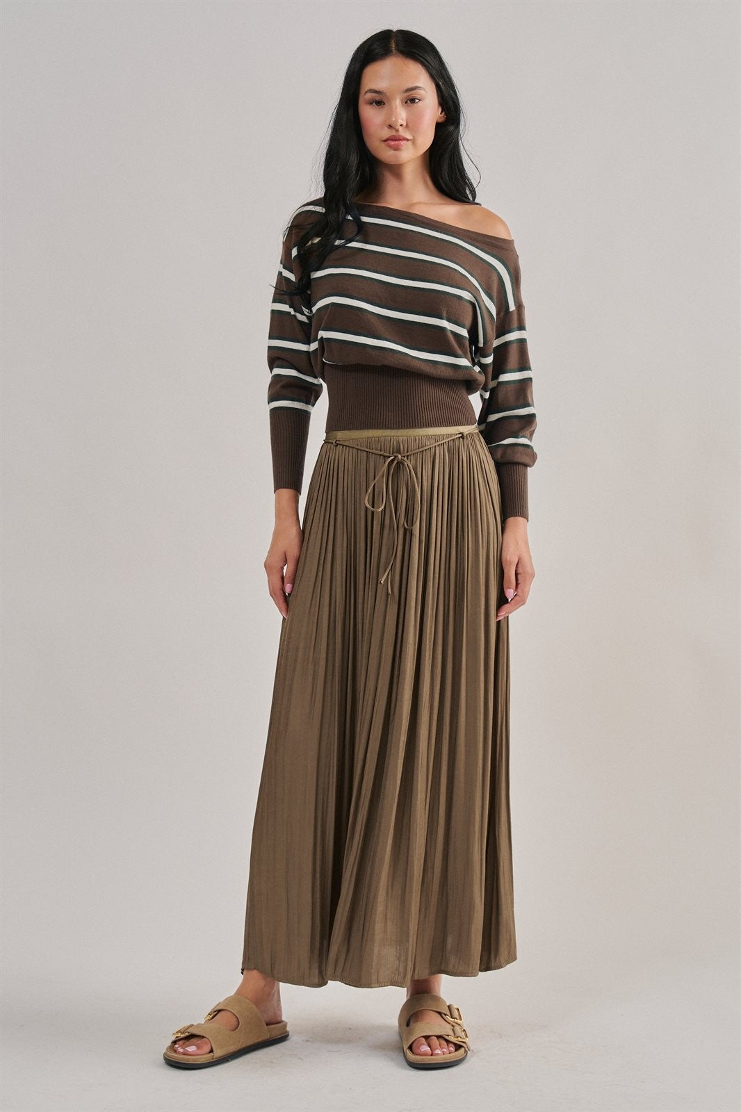 Striped Boat Neck Dolman Sleeve Knit Top in Brown - Women's Sweaters | Urban Daizy