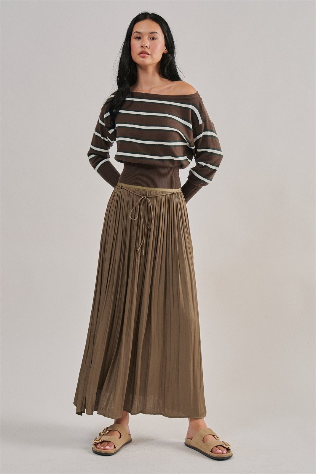 Striped Boat Neck Dolman Sleeve Knit Top in Brown - Women's Sweaters | Urban Daizy