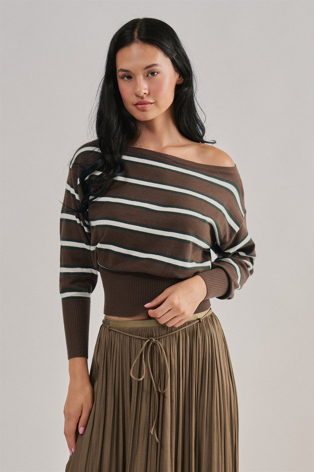 Striped Boat Neck Dolman Sleeve Knit Top in Brown - Women's Sweaters | Urban Daizy