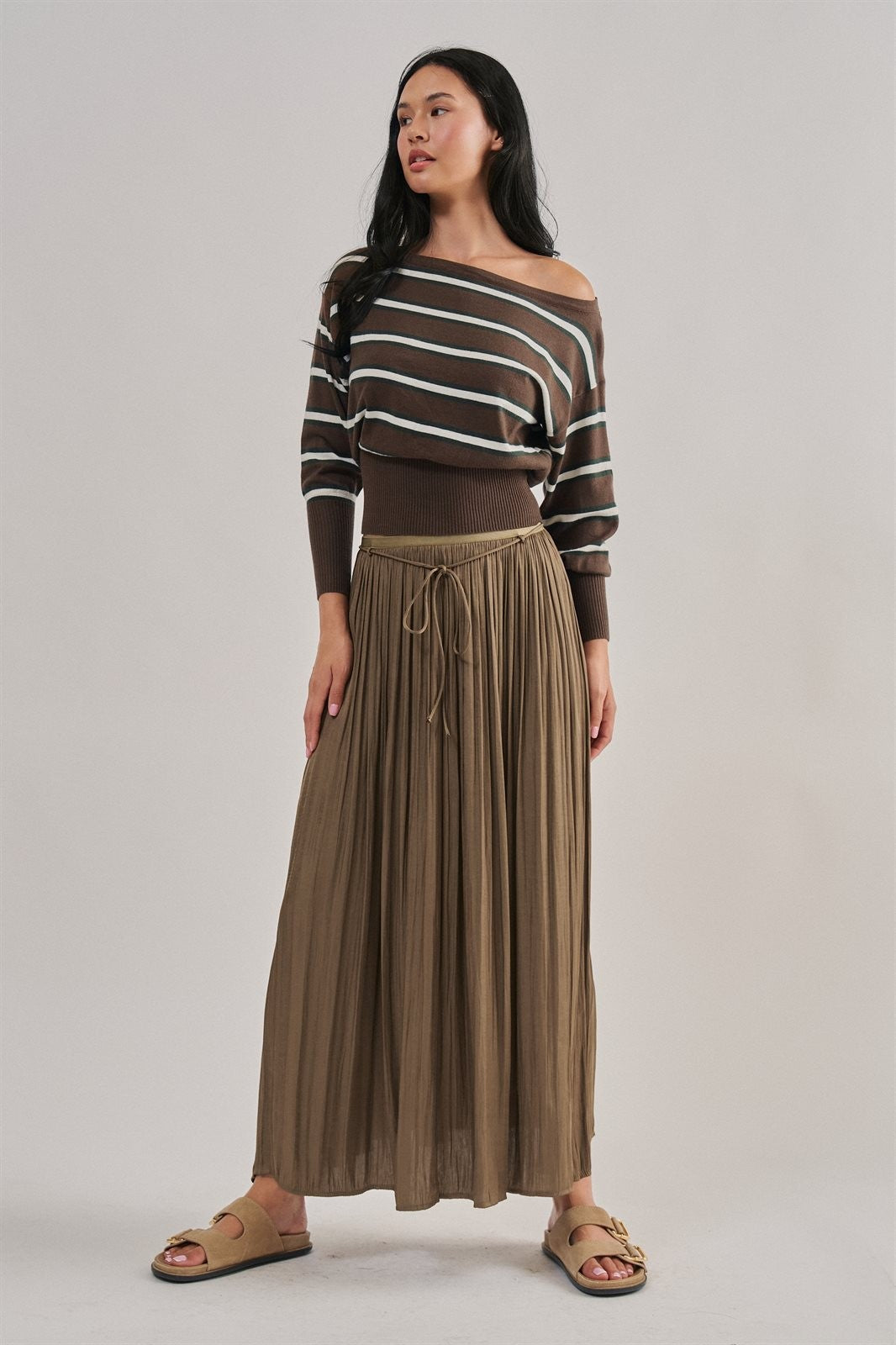 Striped Boat Neck Dolman Sleeve Knit Top in Brown - Women's Sweaters | Urban Daizy