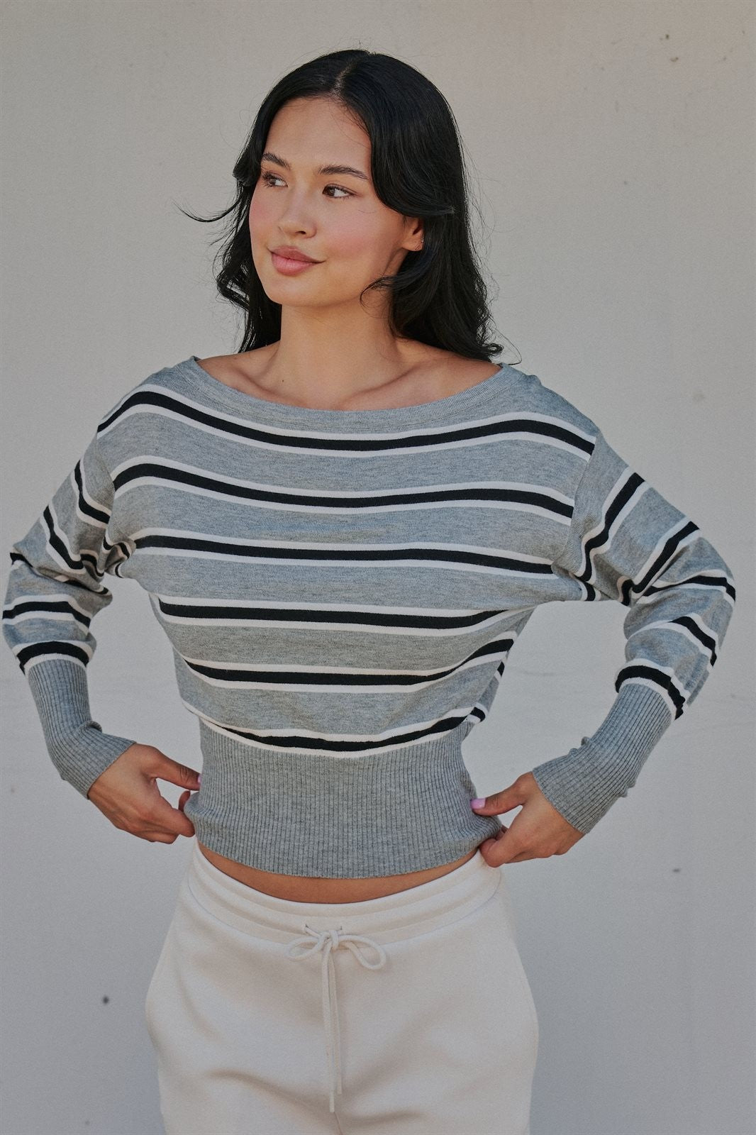 Striped Boat Neck Dolman Sleeve Knit Top in Grey - Women's Sweaters | Urban Daizy