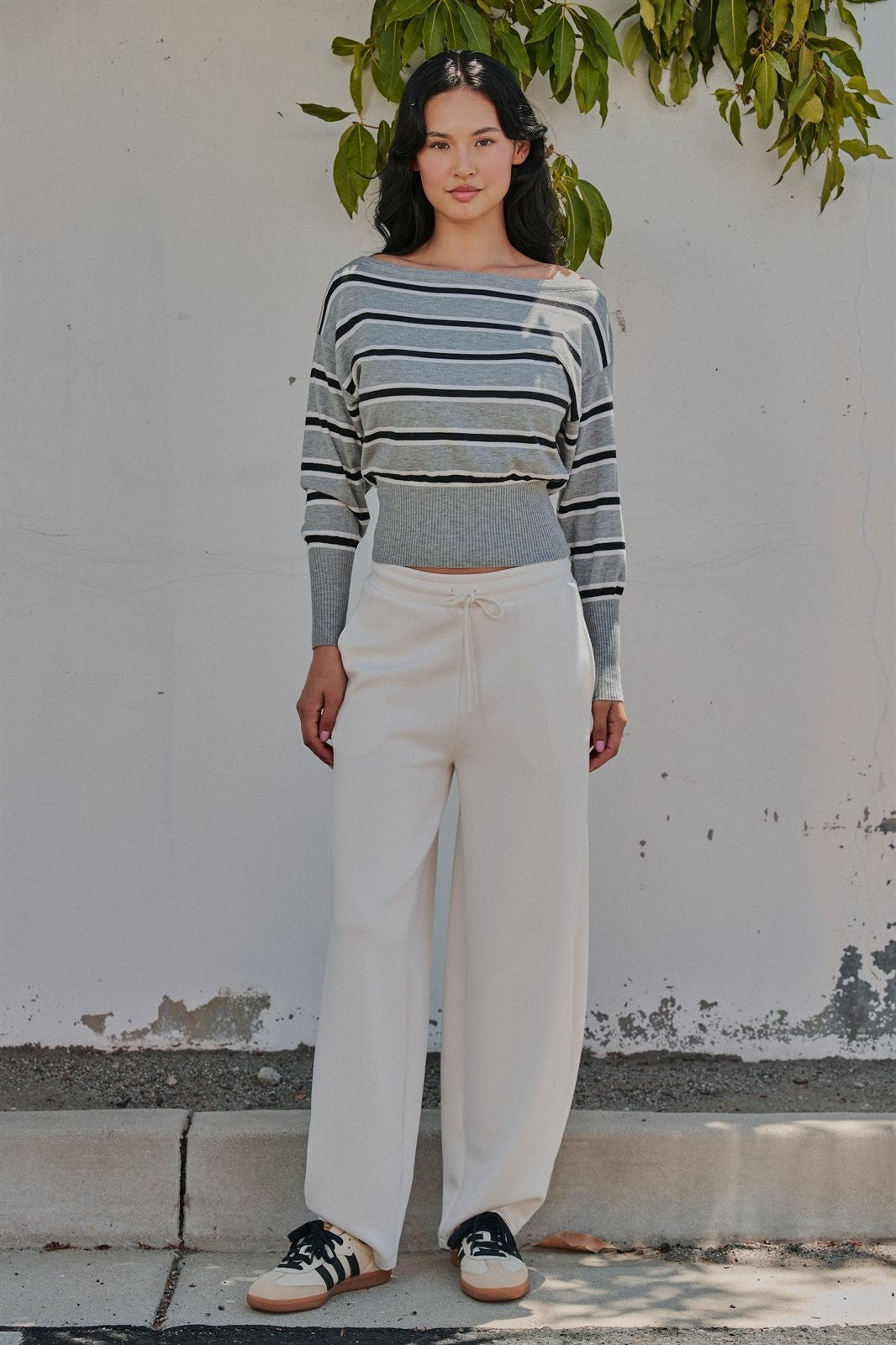 Striped Boat Neck Dolman Sleeve Knit Top in Grey - Women's Sweaters | Urban Daizy