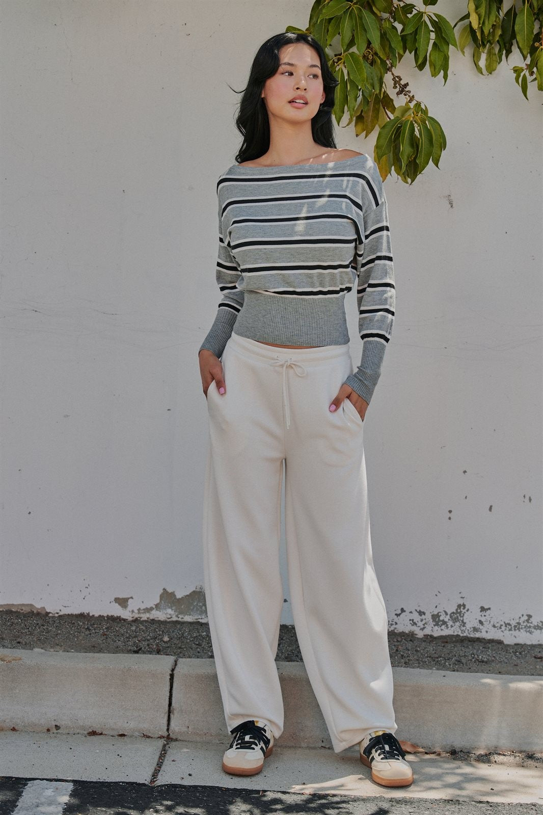 Striped Boat Neck Dolman Sleeve Knit Top in Grey - Women's Sweaters | Urban Daizy