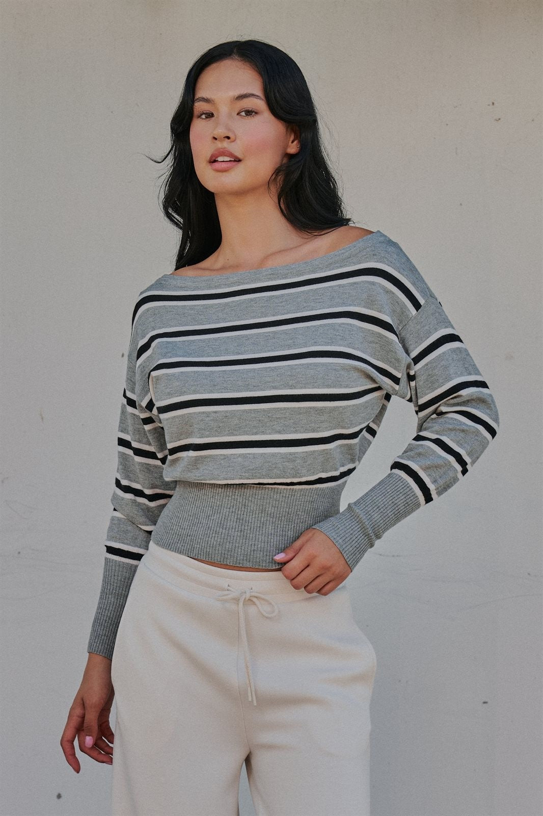 Striped Boat Neck Dolman Sleeve Knit Top in Grey - Women's Sweaters | Urban Daizy