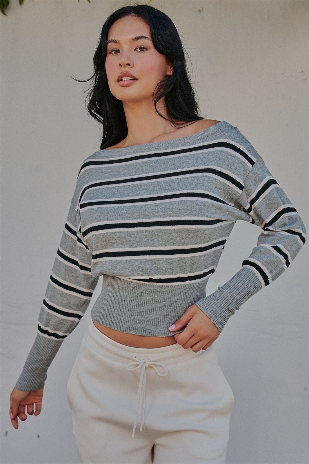 Striped Boat Neck Dolman Sleeve Knit Top in Grey - Women's Sweaters | Urban Daizy