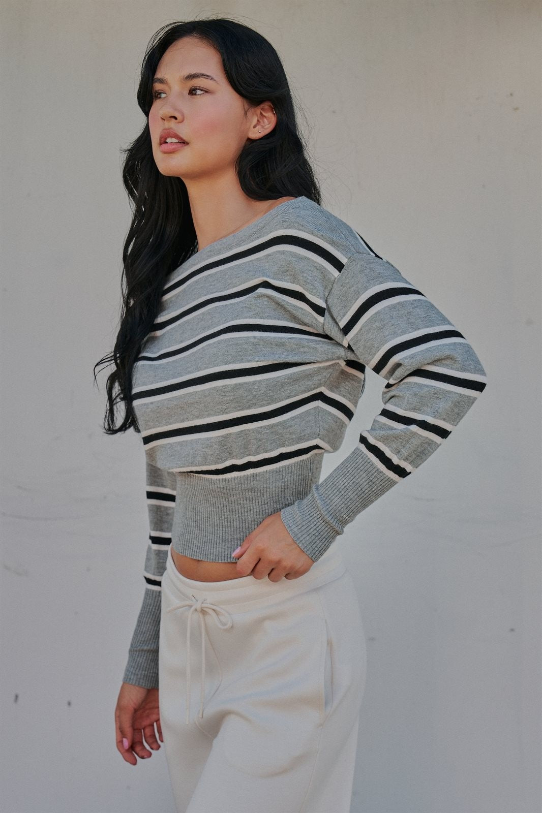Striped Boat Neck Dolman Sleeve Knit Top in Grey - Women's Sweaters | Urban Daizy