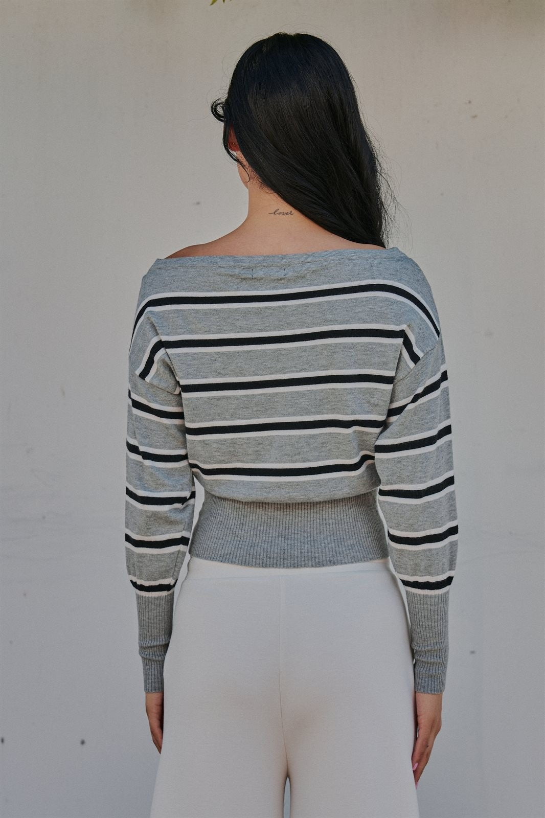 Striped Boat Neck Dolman Sleeve Knit Top in Grey - Women's Sweaters | Urban Daizy