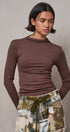 Mock Neck Long Sleeve Ribbed Knit Top in Brown - Women's T-Shirts & Polos | Urban Daizy