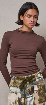 Mock Neck Long Sleeve Ribbed Knit Top in Brown - Women's T-Shirts & Polos | Urban Daizy