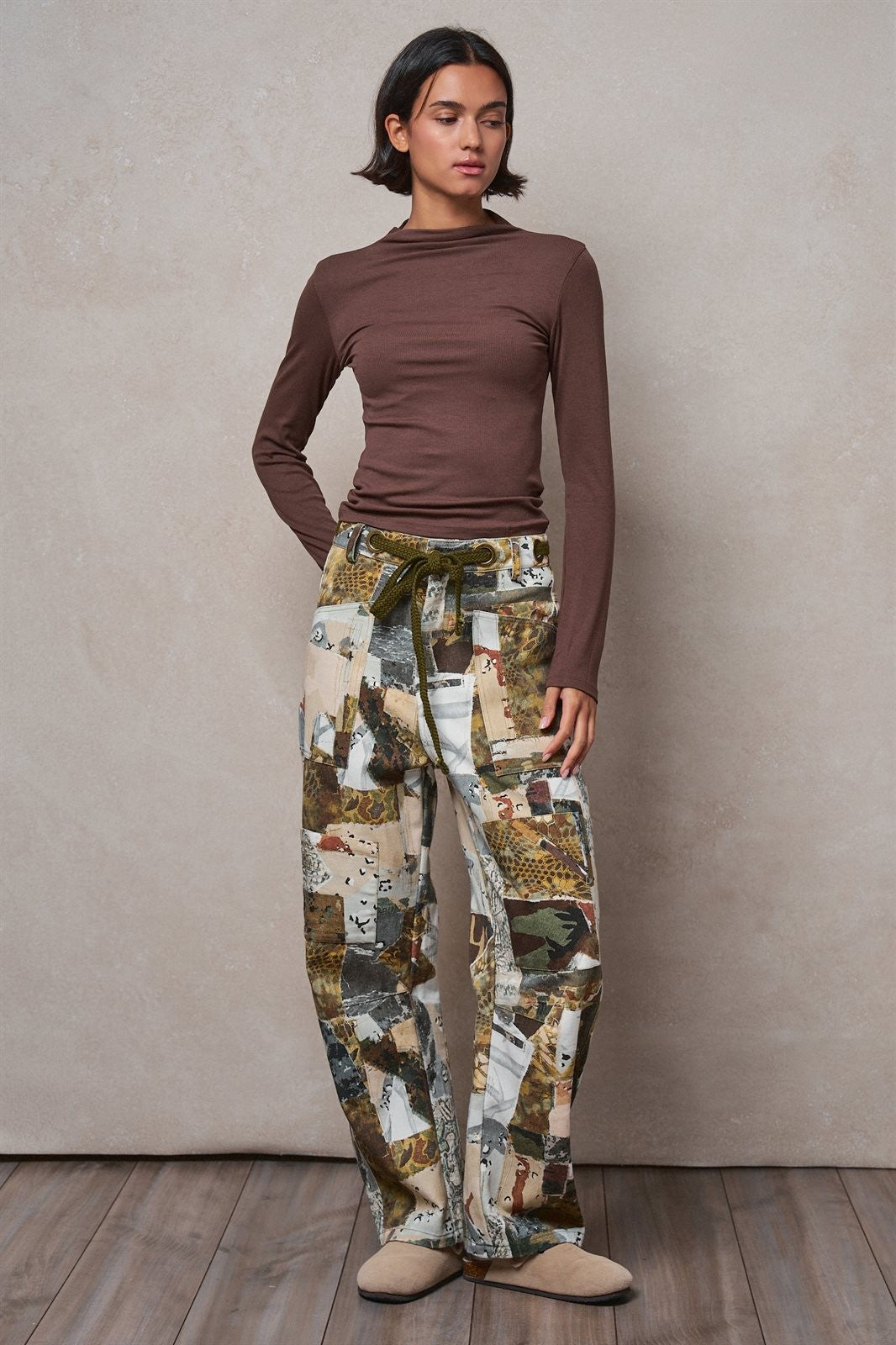 Mock Neck Long Sleeve Ribbed Knit Top in Brown - Women's T-Shirts & Polos | Urban Daizy